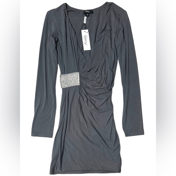 Womens Sky Brand Mini Dress Grey Rhinestones Medium (Runs Small) Ruched Fitted - Picture 1 of 16